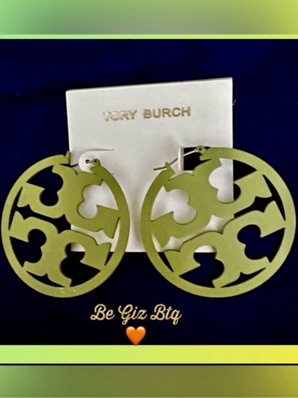 🆕Tory Burch Authentic Military Green Double T Matte Painted Large Hoop Earrings